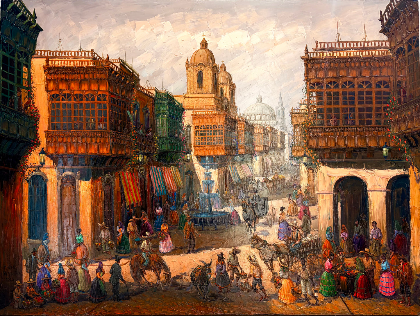 Plaza Limeña Colonial | Pintura al Óleo de Roger Vejarano