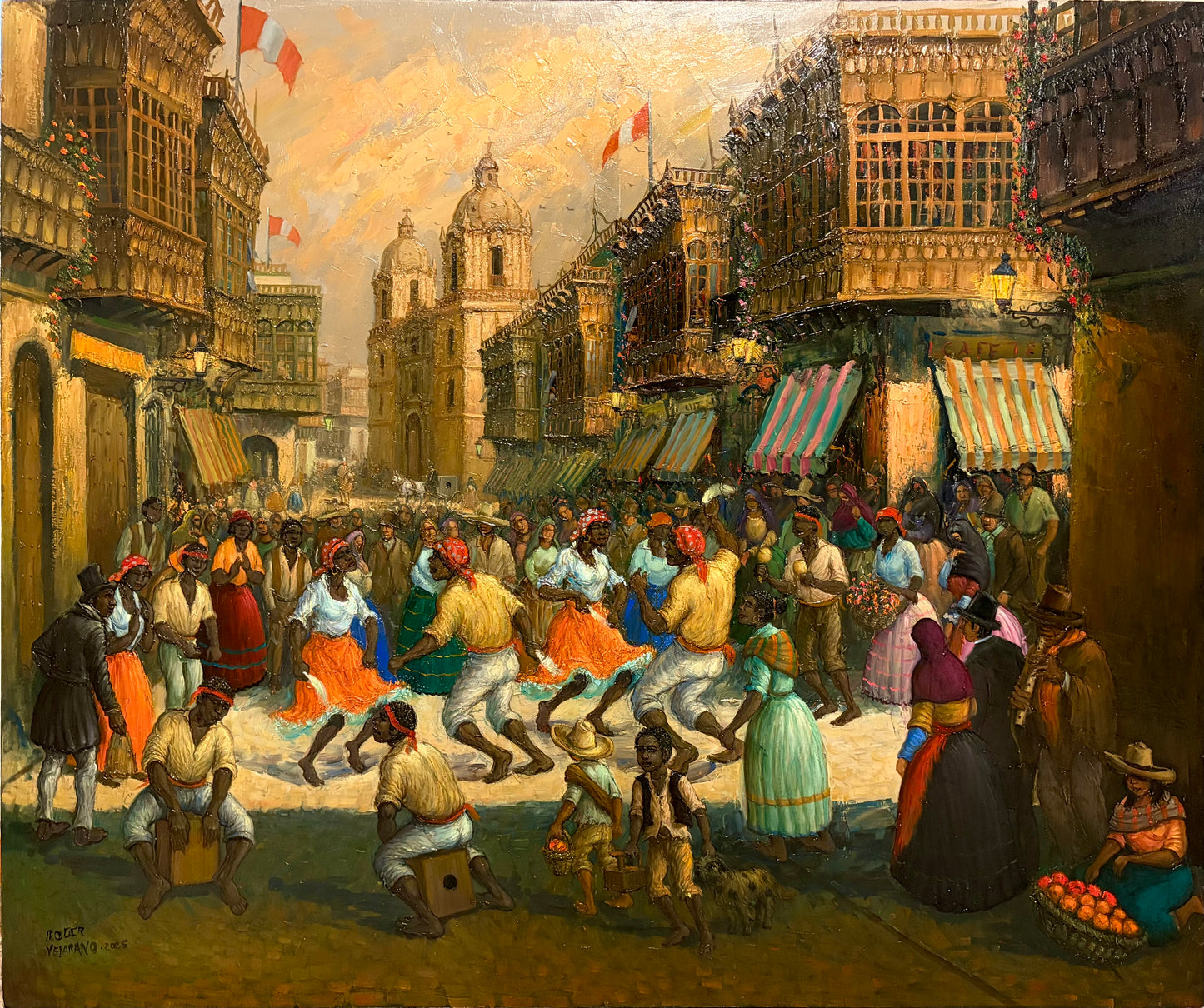 Zamacueca en las Calles de Lima | Pintura al Óleo de Roger Vejarano