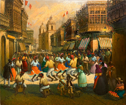 Zamacueca en las Calles de Lima | Pintura al Óleo de Roger Vejarano