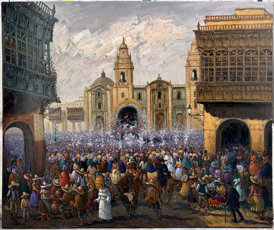 Procesión del Señor de los Milagros en la Plaza Mayor de Lima | Pintura al Óleo de Roger Vejarano